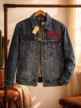 NWT Lucky Brand x Lot Stock & Barrel Denim Jacket Skull Above Below Embroidered